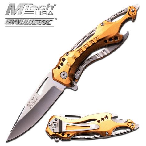 MTech A705SGD Flipper Folding Knife, Assisted Opening, Aluminum Gold - Click Image to Close