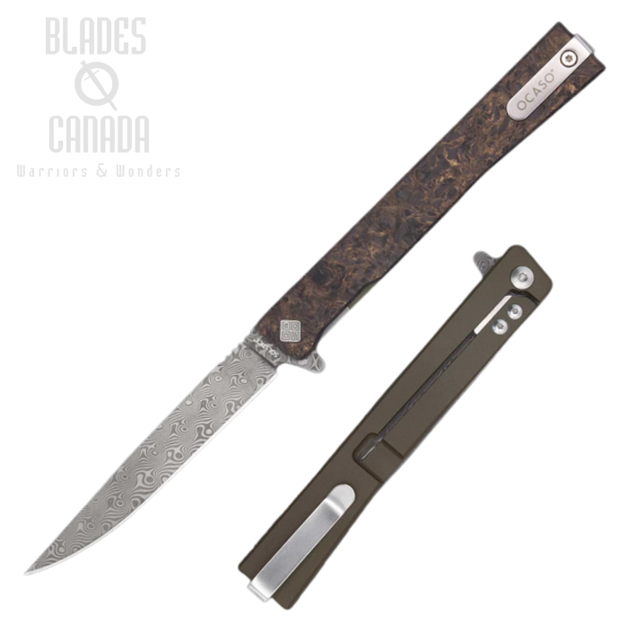 (image for) Ocaso The Solstice Flipper Framelock Knife, Damascus, Titanium/Fat Carbon Dark Matter Bronze, 10IFG