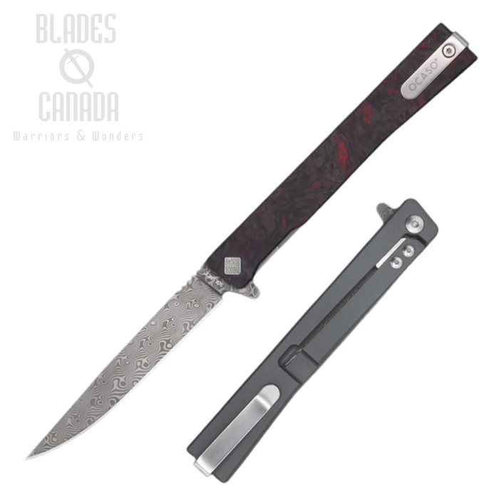 Ocaso The Solstice Flipper Framelock Knife, Damascus, Titanium/Fat Carbon Dark Matter Red, 10IFR (image for) Ocaso The Solstice Flipper Framelock Knife, Damascus, Titanium/Fat Carbon Dark Matter Red, 10IFR