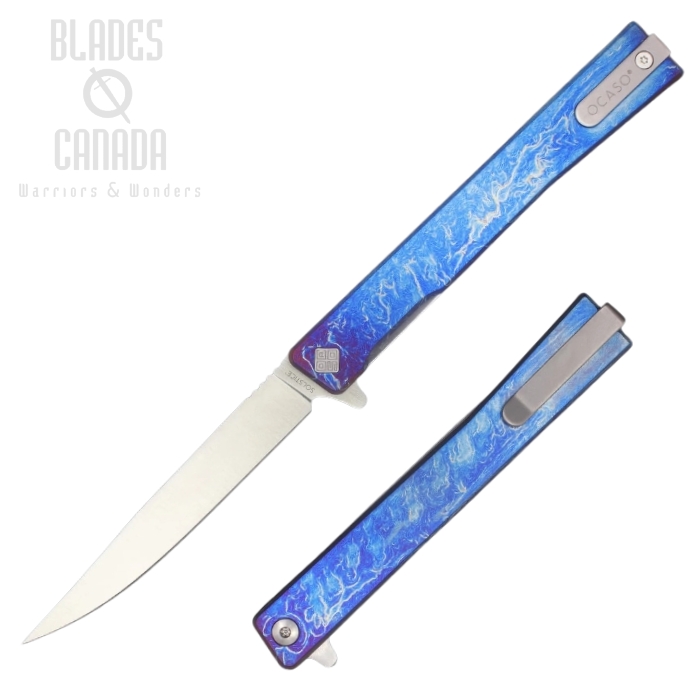 (image for) Ocaso Solstice Flipper Folding Knife, CPM S35VN Satin, Titanium Blue Ano, 10DBS