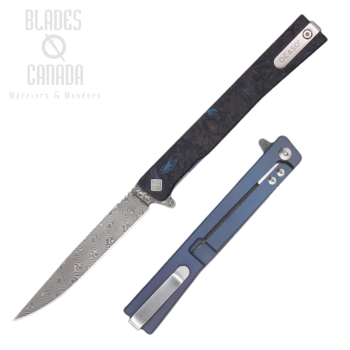 (image for) Ocaso The Solstice Flipper Framelock Knife, Damascus, Titanium/Fat Carbon Dark Matter Blue, 10IFB
