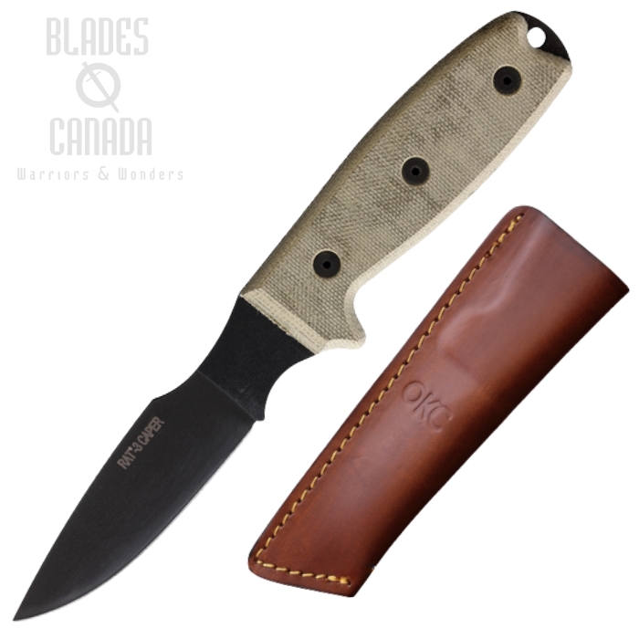OKC RAT 3 Caper Fixed Blade Knife, Carbon Black, Micarta Tan, Leather Sheath, 8663