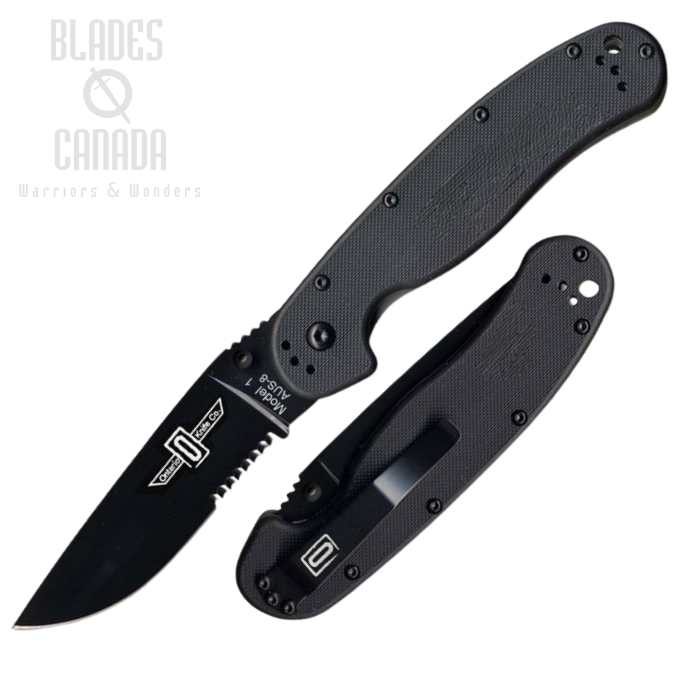 OKC RAT 1 Folding Knife, AUS 8 Partially Serrated, Black Handle, 8847