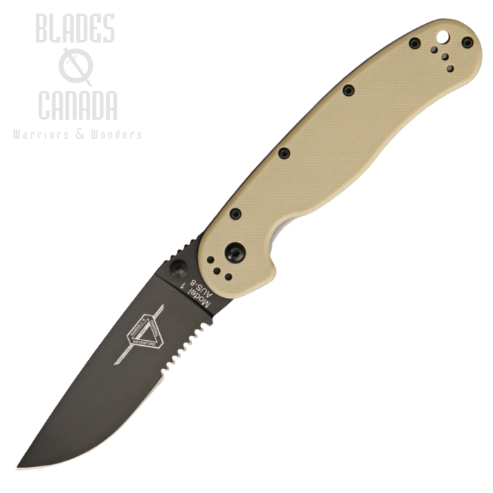 OKC RAT 1 Folding Knife, AUS 8 Partially Serrated, Tan Handle, 8847DT