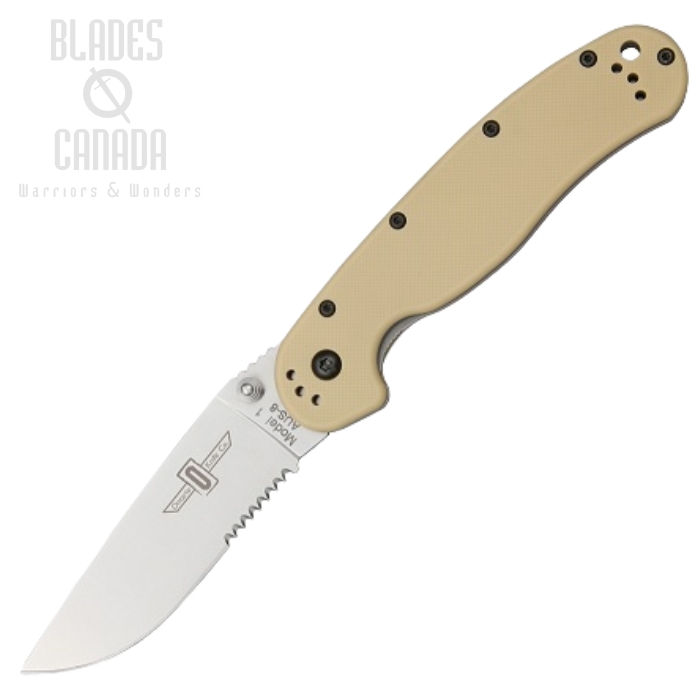 OKC RAT 1 Folding Knife, AUS 8 Partially Serrated, Desert Tan Handle, 8849DT