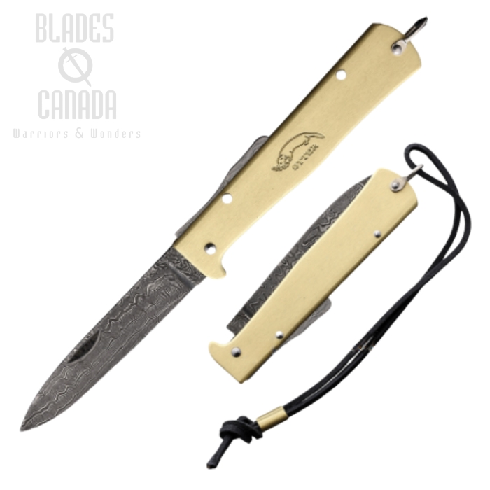 Otter-Messer Mercator Folding Knife, Damascus, Brass Handle, 10726D