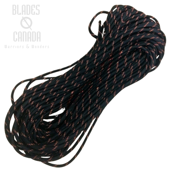 550 Paracord, 100Ft.- Black with Reflective Red Tracer