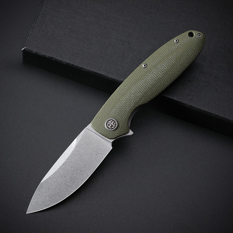 Petrified Fish Terra Flipper Folding Knife, Stonewash D2, Green Micarta, PFB01GRMW