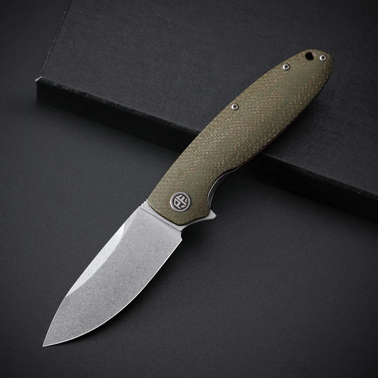 Petrified Fish Terra Flipper Folding Knife, Stonewash D2, Khaki Micarta, PFB01KAW