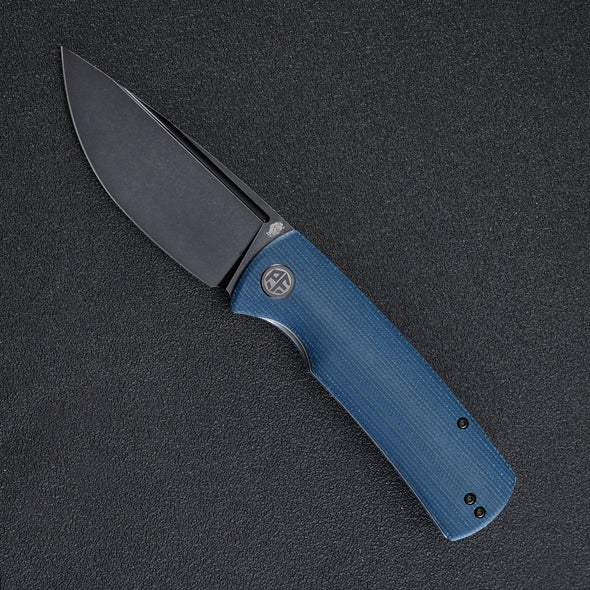 Petrified Fish Beluga Folding Knife, K110 Black SW, Blue Micarta, PFP01BMW