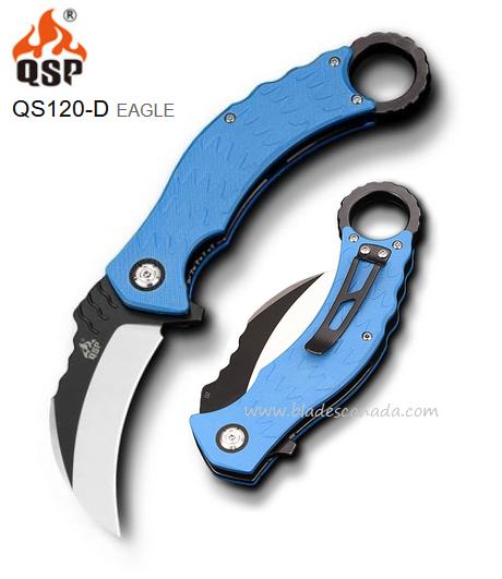 QSP Eagle Karambit Flipper Folding Knife, D2 Two-Tone, G10 Blue, QS120-D - Click Image to Close