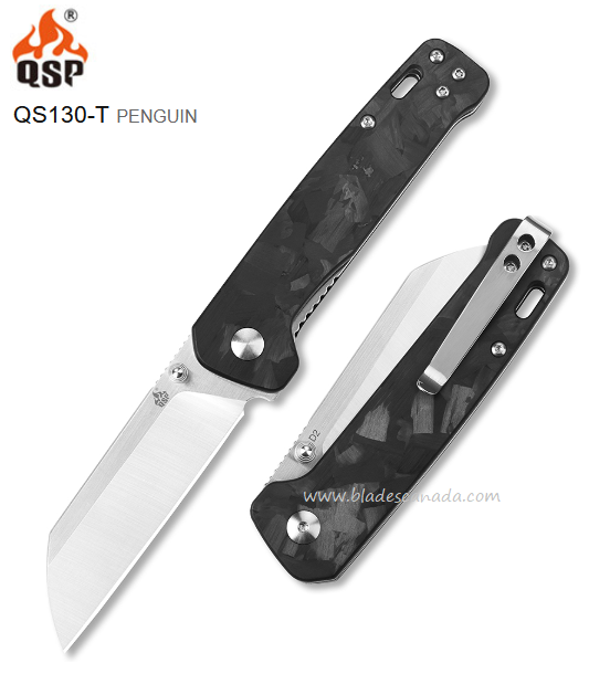 QSP Penguin Folding Knife, D2 Two-Tone, G10/Shredded CF, QS130-T - Click Image to Close