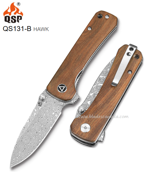 QSP Hawk Flipper Folding Knife, Damascus Steel, Verawood Handle, QS131-B