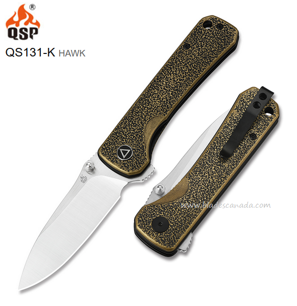 QSP Hawk Flipper Folding Knife, 14C28N Sandvik Two-Tone, Brass Handle, QS131-K