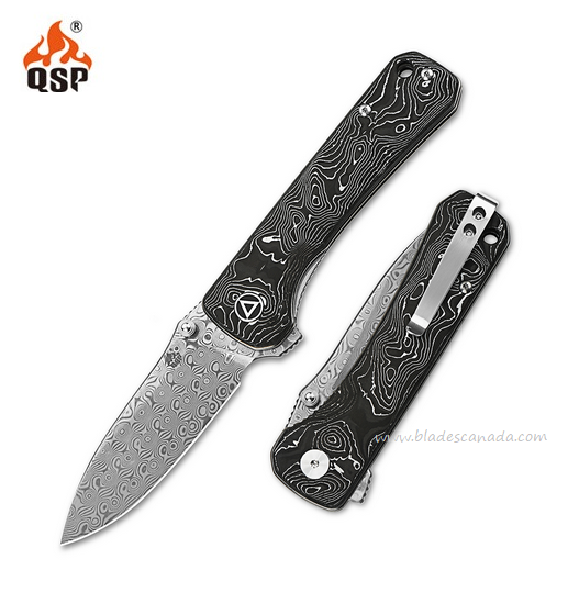 QSP Hawk Flipper Folding Knife, Damascus, Aluminum Foil Carbon Fiber, QS131-Q - Click Image to Close