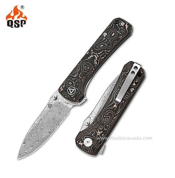 QSP Hawk Flipper Folding Knife, Damascus, Copper Foil Carbon Fiber, QS131-S - Click Image to Close