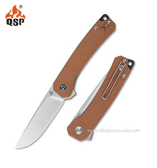 QSP Osprey Flipper Folding Knife, 14C28N Satin, Micarta Brown, QS139-A