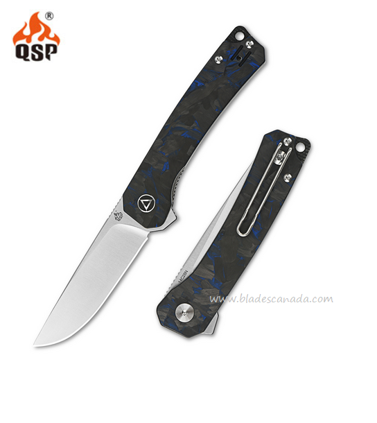 QSP Osprey Flipper Folding Knife, 14C28N Satin, G10 Blue/Carbon Fiber, QS139-G1