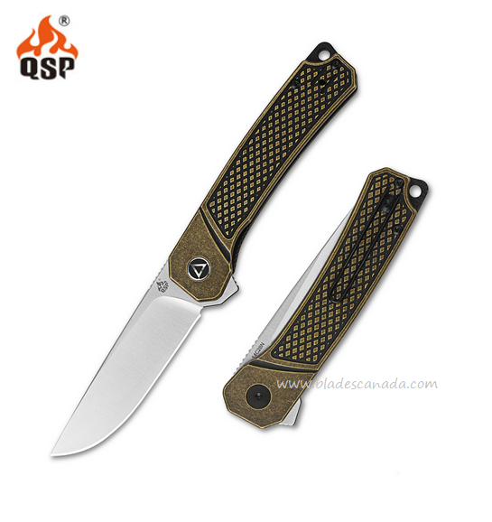 QSP Osprey Flipper Folding Knife, 14C28N Satin, Stonewashed Brass, QS139-D1