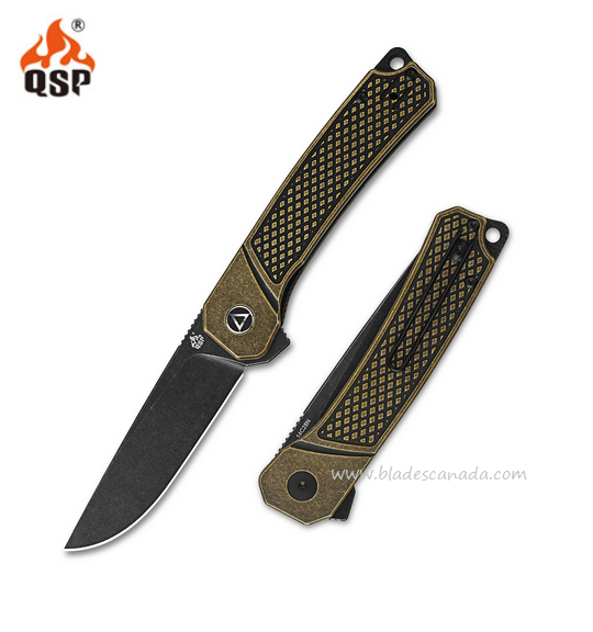 QSP Osprey Flipper Folding Knife, 14C28N Black SW, Stonewashed Brass, QS139-D2