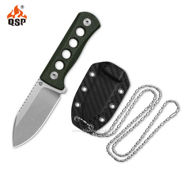 QSP Canary Fixed Blade Neck Knife, 14C28N Sandvik, Micarta Green, 141-C1