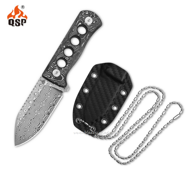 QSP Canary Fixed Blade Neck Knife, Laminated Damascus, Aluminum Foil CF, 141-E