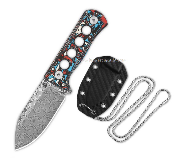 QSP Canary Fixed Blade Neck Knife, Laminated Damascus, Carbon Fiber Red/Blue, QS141-J
