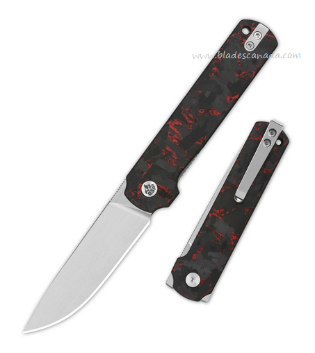 QSP Lark Flipper Folding Knife, 14C28N Satin, Red Shredded Carbon Fiber/G10, QS144-D