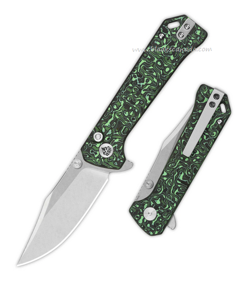 QSP Grebe Flipper Button Lock Knife, S35VN SW, Carbon Fiber Green/Black, QS147-G1