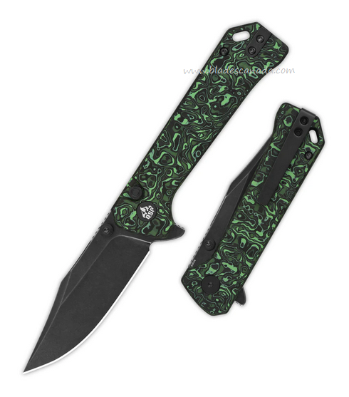 QSP Grebe Flipper Button Lock Knife, S35VN Black SW, Carbon Fiber Green/Black, QS147-G2