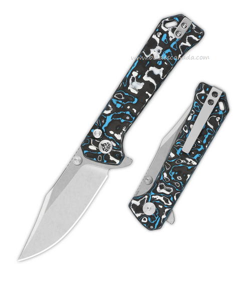 QSP Grebe Flipper Button Lock Knife, S35VN SW, Carbon Fiber Black/Blue, QS147-H1