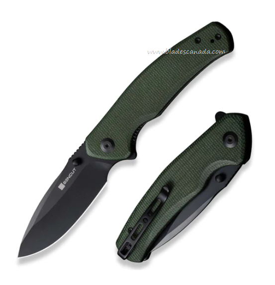SENCUT Slashkin Flipper Folding Knife, D2 Black, Micarta Green, S20066-3