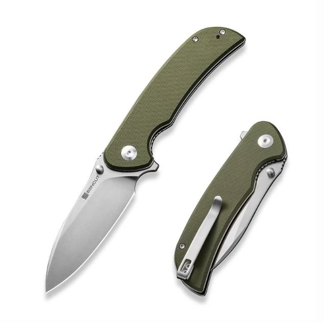 SENCUT Borzam Flipper Folding Knife, Satin Blade, OD Green G-10, S23077-1