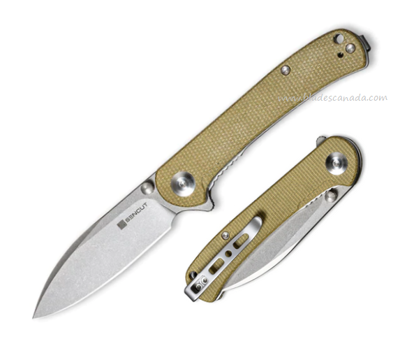 SENCUT Scepter Flipper Folding Knife, Stonewash Blade, Micarta Olive, SA03E