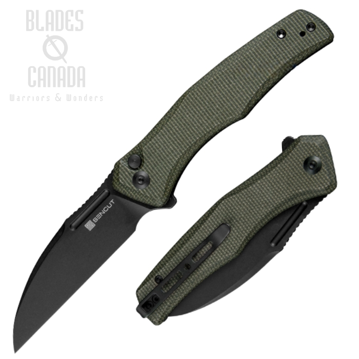 (image for) SENCUT Watauga Flipper Button Lock Knife, D2 Black SW, Micarta Green, S21011-2