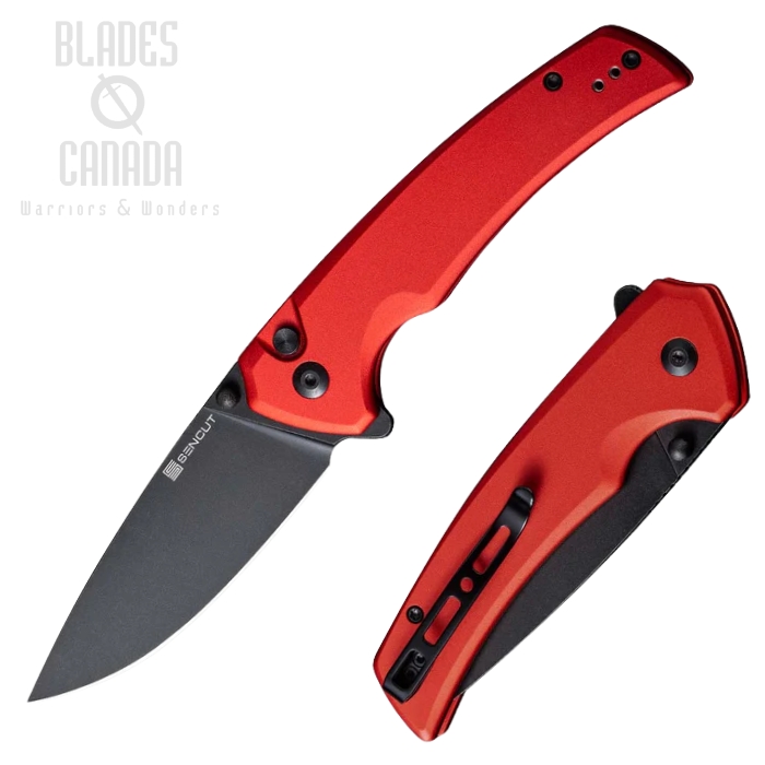 (image for) SENCUT Serene Flipper Button Lock Knife, D2 Black SW, Aluminum Red, S21022B-2