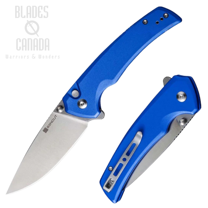 (image for) SENCUT Serene Flipper Button Lock Knife, D2 Satin, Aluminum Blue, S21022B-4