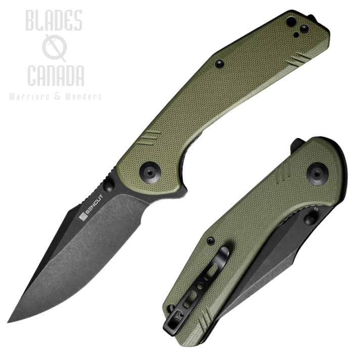 (image for) SENCUT Actium Flipper Folding Knife, D2 Black SW, G10 OD Green, SA02E