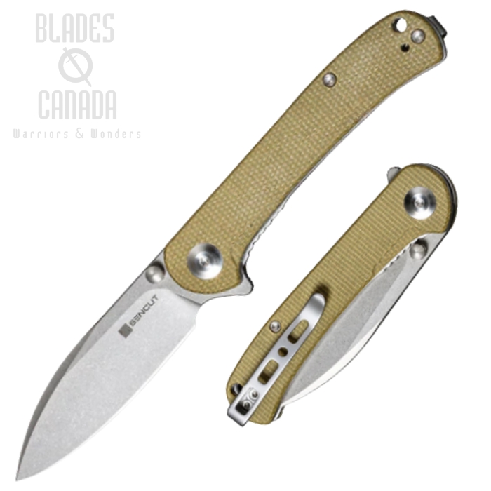 (image for) SENCUT Scepter Flipper Folding Knife, Stonewash Blade, Micarta Olive, SA03E