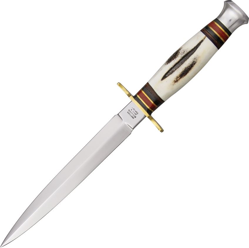 Sheffield Stiletto Fixed Blade Knife, Stag Handle, Leather Sheath, SHE011 - Click Image to Close