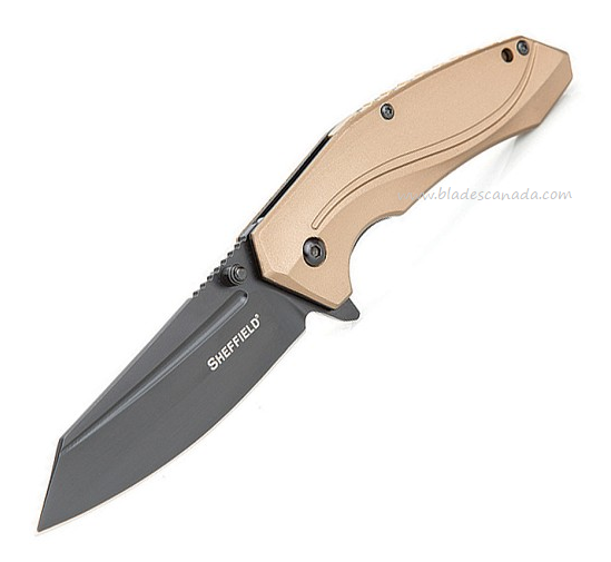 Sheffield Besa Flipper Folding KNife, Black Blade, Aluminum Gold, SHE12157