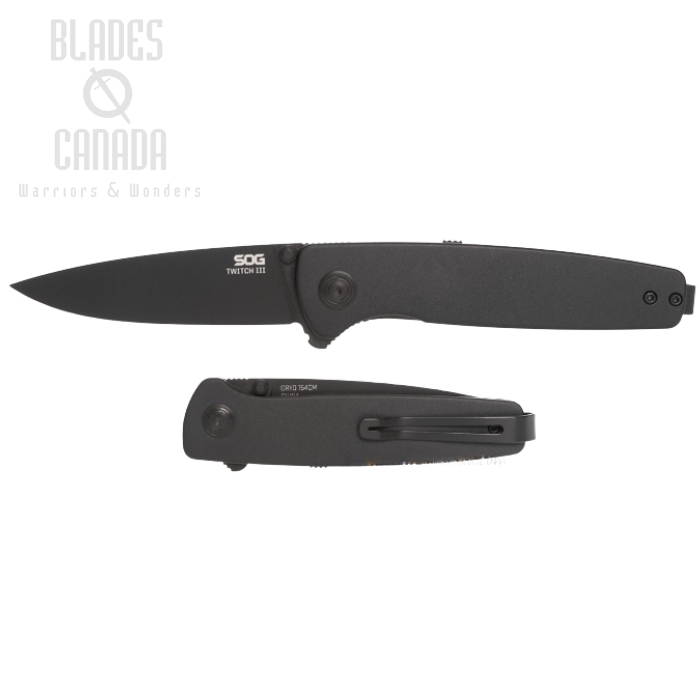 (image for) SOG Twitch III Flipper Folding Knife, 154CM Black, Textured Aluminum Black, 11-15-01-43