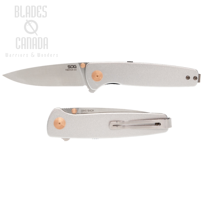(image for) SOG Twitch III Flipper Folding Knife, 154CM Cryo, Aluminum Silver, 11-15-02-43