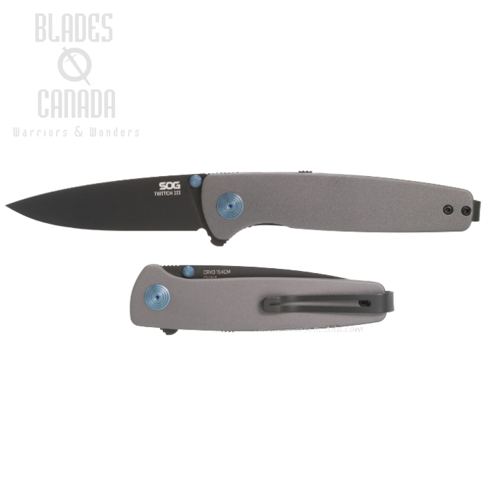 (image for) SOG Twitch III Flipper Folding Knife, 154CM TiNi, Aluminum Grey w/Blue Accents, 11-15-03-43