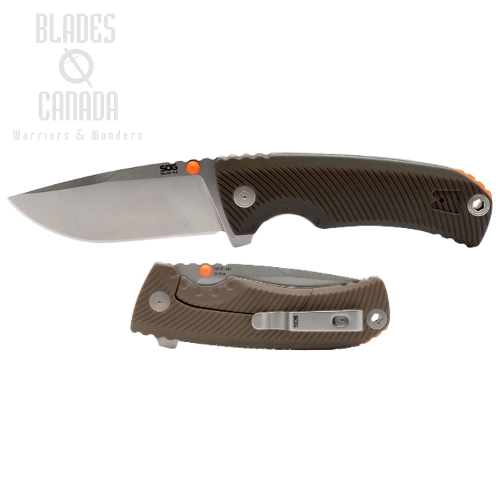 (image for) SOG Tellus FLK Flipper Framelock Knife, 440C Cryo, GRN Flat Dark Earth, 14-06-08-43