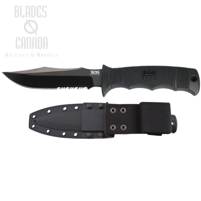 (image for) SOG Seal Pup Elite Fixed Blade Knife, AUS 8 Black, GRN Black, Nylon Sheath, E37T-K