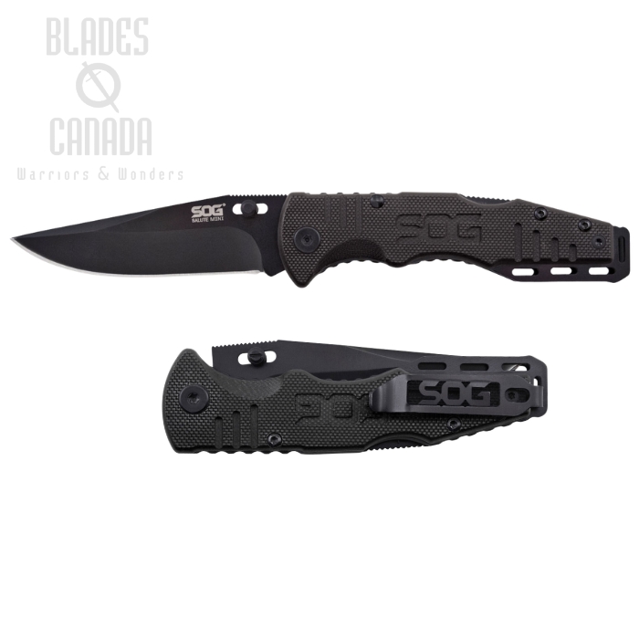 SOG Salute Mini Folding Knife, Black Clip Point Blade, G10 Black, FF1101 (image for) SOG Salute Mini Folding Knife, Black Clip Point Blade, G10 Black, FF1101