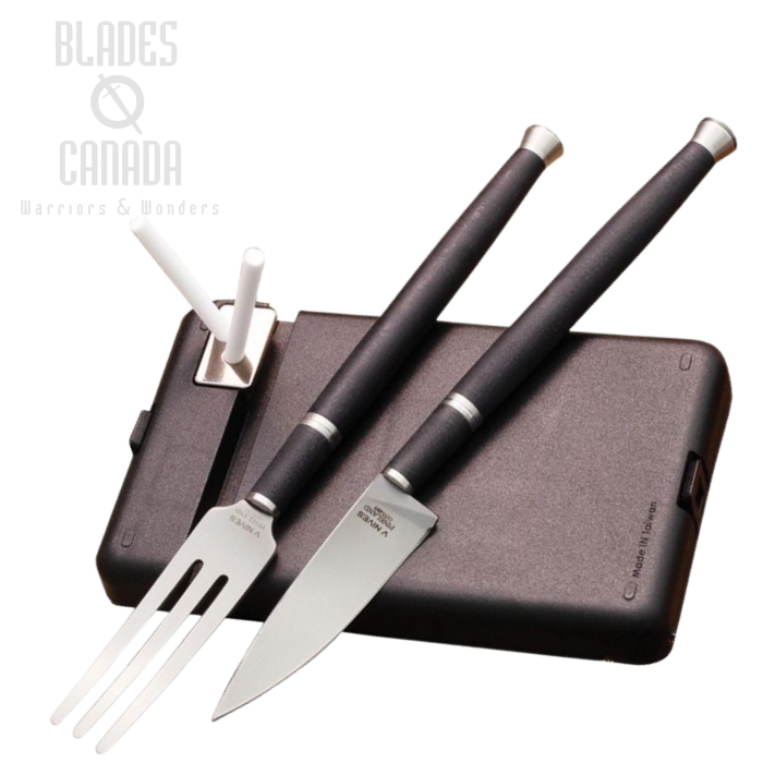 (image for) Spartan Blades Carnivore Dining Set, VG-10 Stainless Fork & Knife, G10 Black, Sharpening Rods, SBPCDS1
