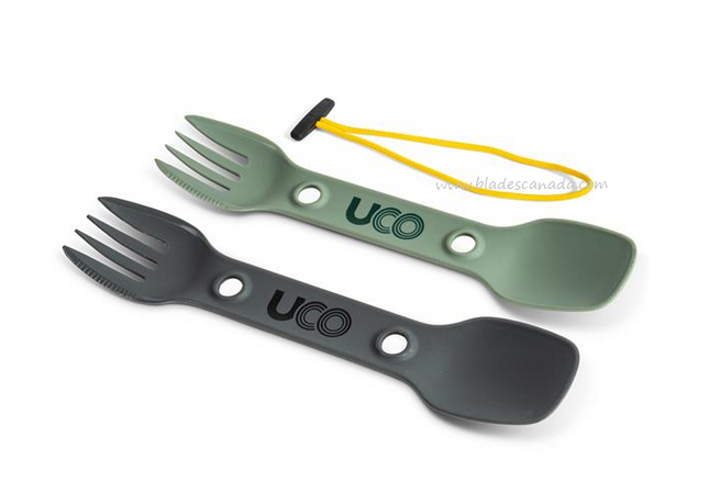 UCO Utility Spork, 2 Pack with Tether, Green/Charcoal
