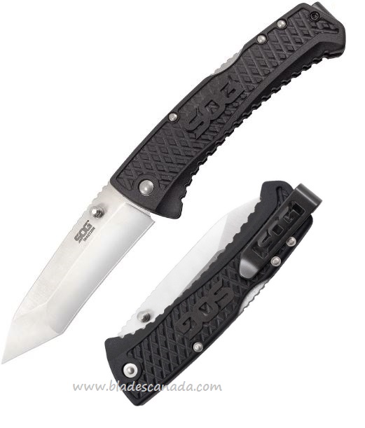 SOG Traction Lockback Folding Knife, Tanto, GRN Black, TD1012